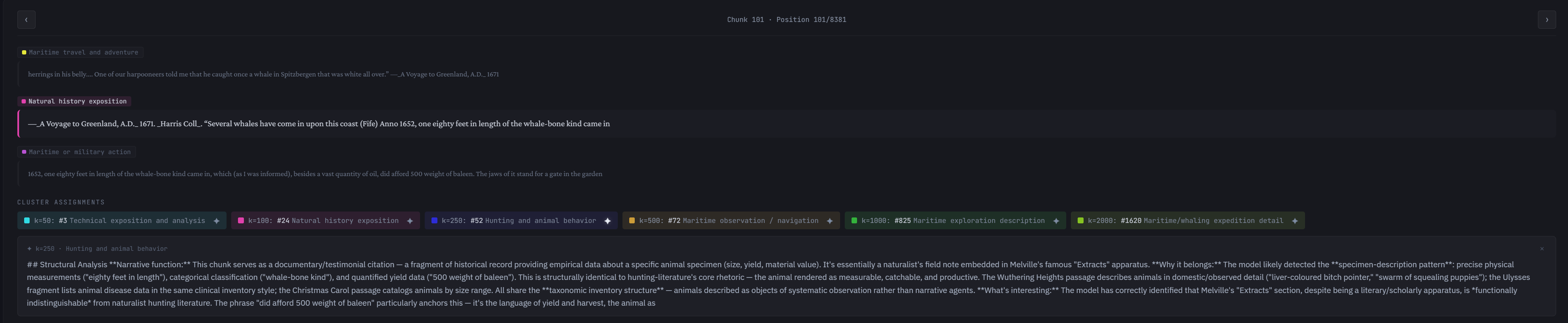 AI explainer showing why a passage from Moby Dick was assigned to a particular structural cluster